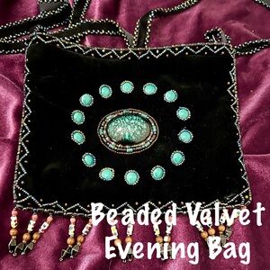 Beaded Crossbody Purse Velvet Black and Turquoise Free Shipping